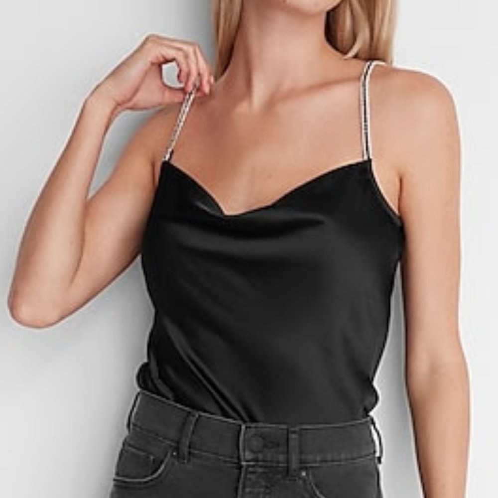 Rhinestone Strap Satin Cowl Neck Cami Pitch Black